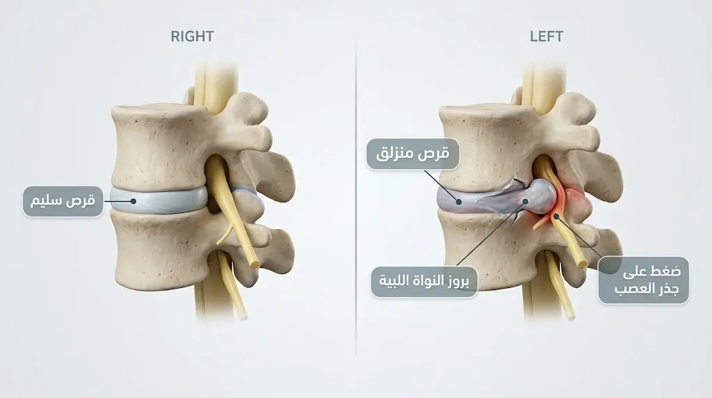 مقارنة ثلاثية الأبعاد بين قرص غضروفي رقبي سليم وقرص منزلق يضغط على جذر العصب