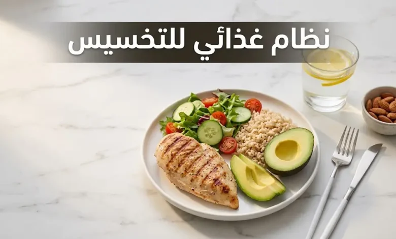 نظام غذائي للتخسيس — طبق غذائي متوازن يحتوي على دجاج مشوي وأرز بني وسلطة خضراء وأفوكادو.
