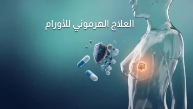 رسم ثلاثي الأبعاد واقعي يوضح مفهوم العلاج الهرموني للأورام مع جزيء دوائي يحجب المستقبل الهرموني على الخلية السرطانية