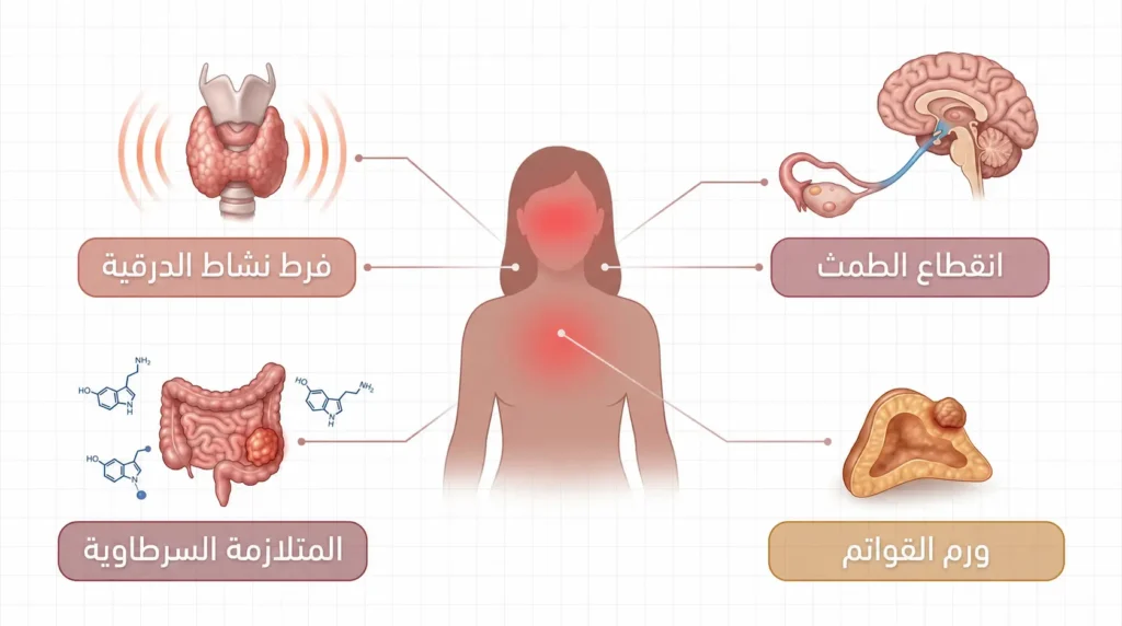 رسم طبي توضيحي للتشخيص التفريقي للهبات الساخنة يُظهر أربعة أسباب محتملة تشمل انقطاع الطمث وفرط نشاط الدرقية وورم القواتم والمتلازمة السرطاوية