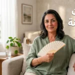 صورة غلاف لمقال عن الهبات الساخنة تُظهر امرأة في أواخر الأربعينيات تجلس بهدوء وتمسك مروحة يدوية مع عبارة الهبات الساخنة