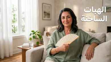 صورة غلاف لمقال عن الهبات الساخنة تُظهر امرأة في أواخر الأربعينيات تجلس بهدوء وتمسك مروحة يدوية مع عبارة الهبات الساخنة