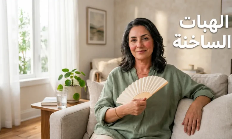 صورة غلاف لمقال عن الهبات الساخنة تُظهر امرأة في أواخر الأربعينيات تجلس بهدوء وتمسك مروحة يدوية مع عبارة الهبات الساخنة