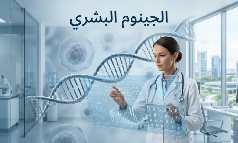صورة غلاف واقعية تُظهر الحمض النووي وطبيباً يراجع بيانات جينومية في بيئة طبية حديثة