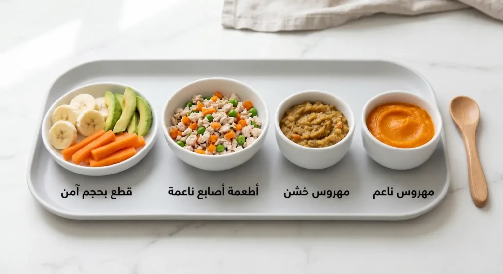 صورة طعام واقعية توضح انتقال قوام أكل الرضيع من المهروس الناعم إلى القطع اللينة الآمنة بين 8 و10 أشهر.