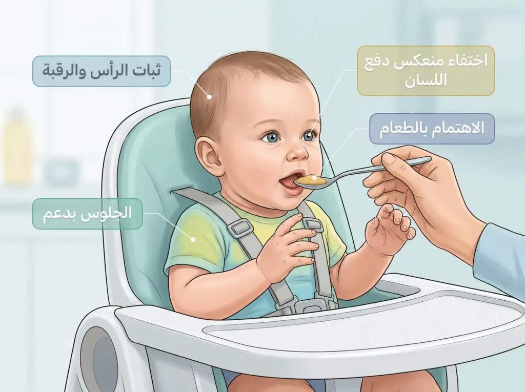 رسم طبي واقعي يوضح العلامات الأربع التي تدل على جاهزية الرضيع لبدء الطعام الصلب
