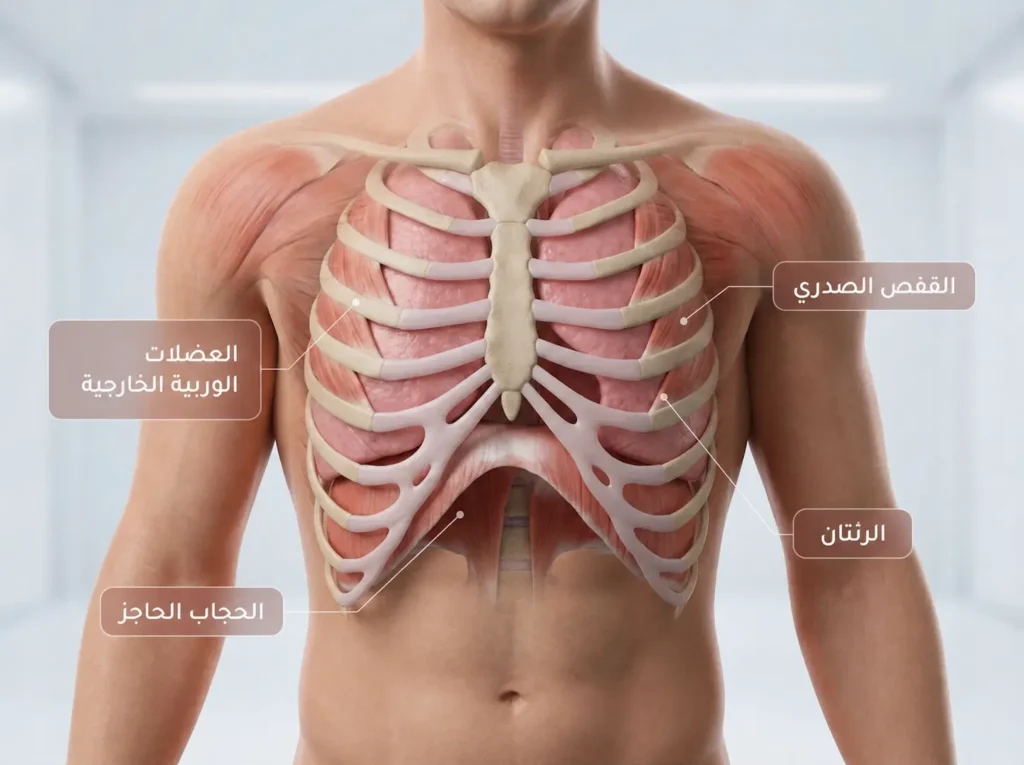 صورة تشريحية للرئتين والقفص الصدري توضح الحجاب الحاجز والعضلات الوربية الخارجية أثناء الشهيق