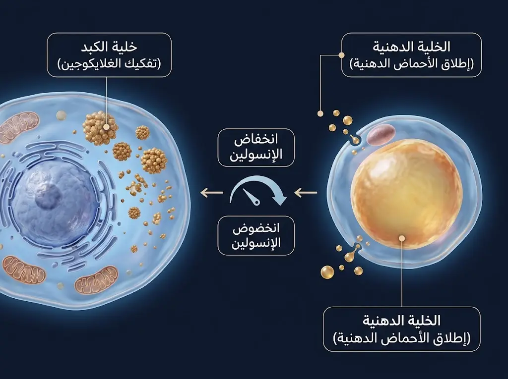 رسم ثلاثي الأبعاد يُظهر تحوّل الجسم من حرق الغلايكوجين إلى حرق الدهون عند انخفاض الإنسولين في الريجيم
