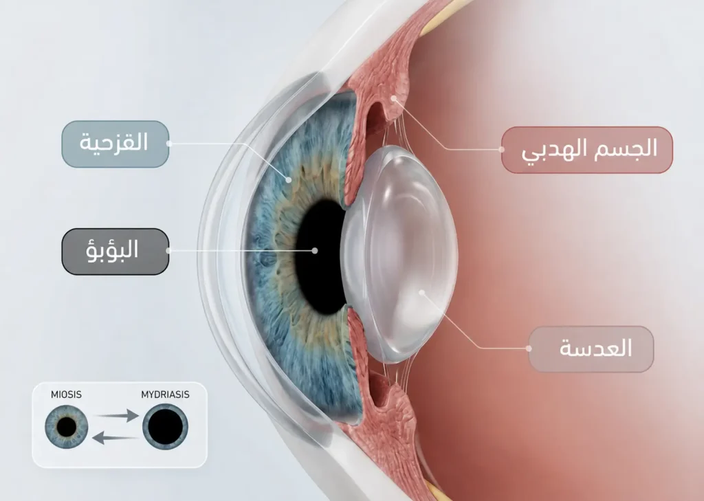 رسم طبي ثلاثي الأبعاد يوضح القزحية والبؤبؤ والجسم الهدبي والعدسة في الجزء الأمامي من العين
