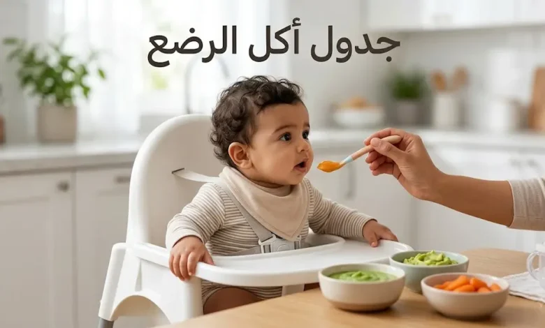 رضيع يجلس بأمان في كرسي الطعام بينما تُقدَّم له ملعقة من المهروس مع ظهور عبارة جدول أكل الرضع على الغلاف.