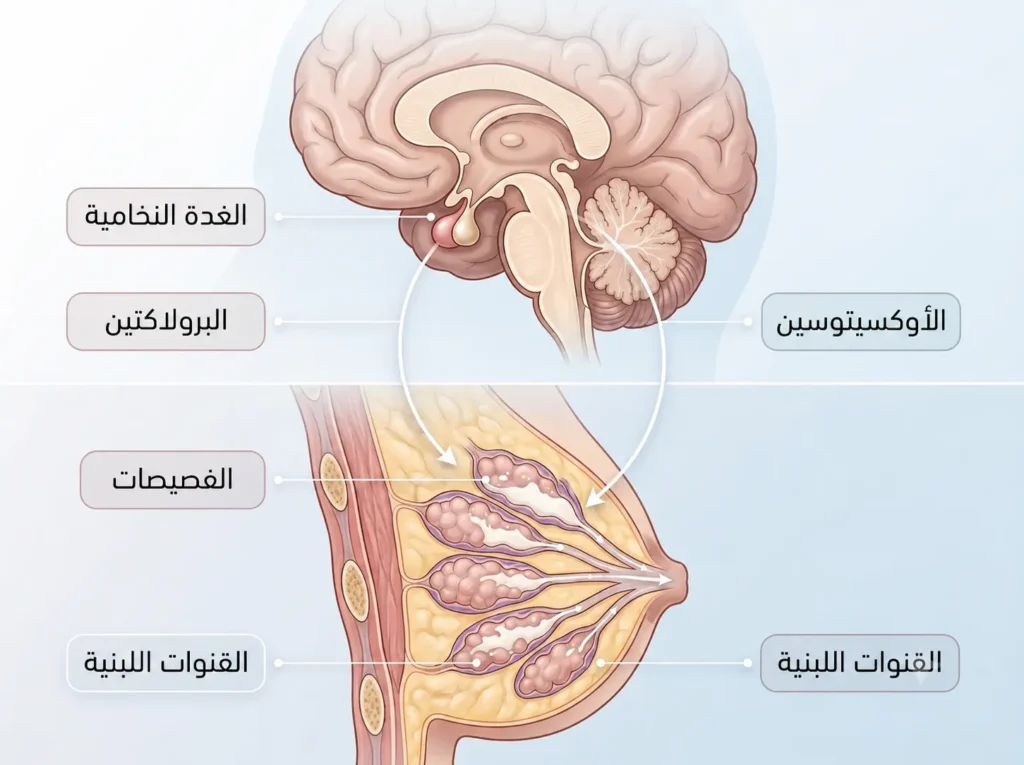 رسم طبي يوضح دور الغدة النخامية والبرولاكتين والأوكسيتوسين في إنتاج الحليب وإخراجه.