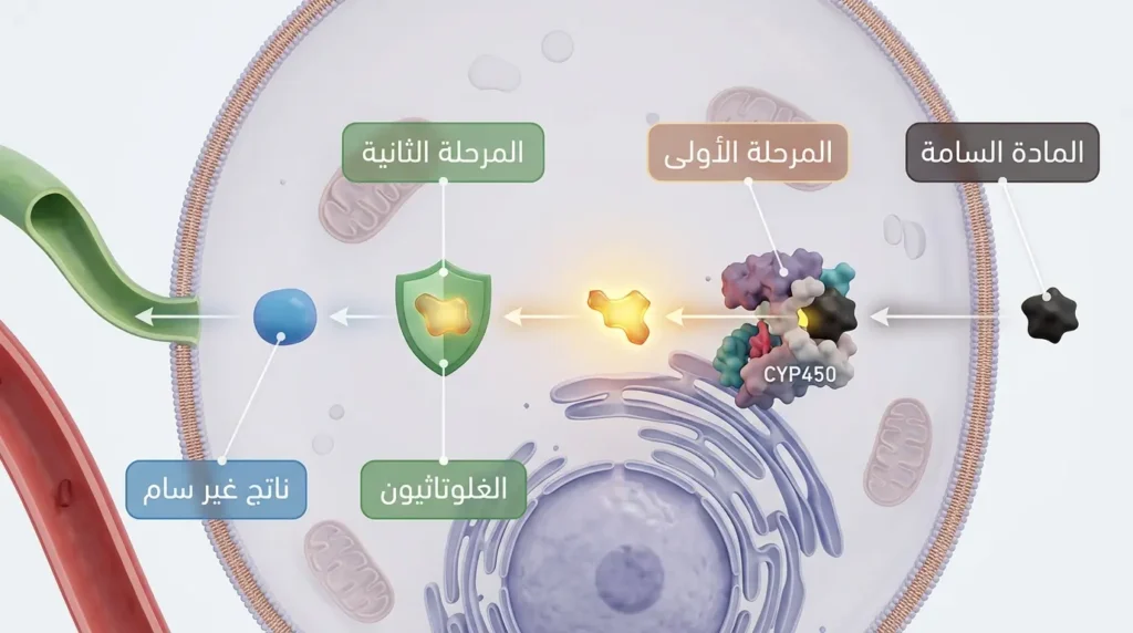 رسم ثلاثي الأبعاد واقعي يوضح مرحلتي إزالة السموم داخل خلية الكبد عبر إنزيمات السيتوكروم والغلوتاثيون
