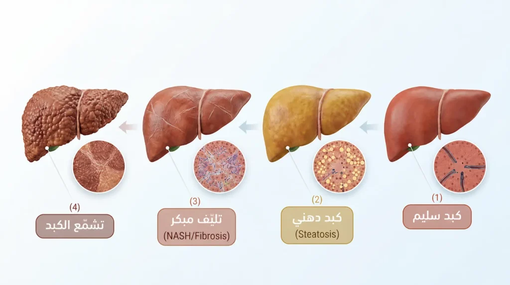 تمثيل ثلاثي الأبعاد واقعي لمراحل تطور مرض الكبد من كبد سليم إلى كبد دهني ثم تليّف مبكر وصولاً إلى تشمّع الكبد