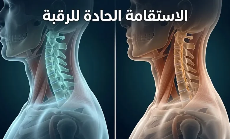 رسم طبي ثلاثي الأبعاد يُظهر الفرق بين العمود الفقري العنقي الطبيعي ذي الانحناء القوسي والعمود الفقري العنقي المستقيم (الاستقامة الحادة للرقبة)