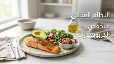 صورة غلاف تُظهر طبقاً صحياً يحتوي على سلمون مشوي وأفوكادو وسلطة خضراء ومكسرات مع عنوان النظام الغذائي منخفض الكربوهيدرات