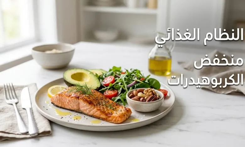 صورة غلاف تُظهر طبقاً صحياً يحتوي على سلمون مشوي وأفوكادو وسلطة خضراء ومكسرات مع عنوان النظام الغذائي منخفض الكربوهيدرات