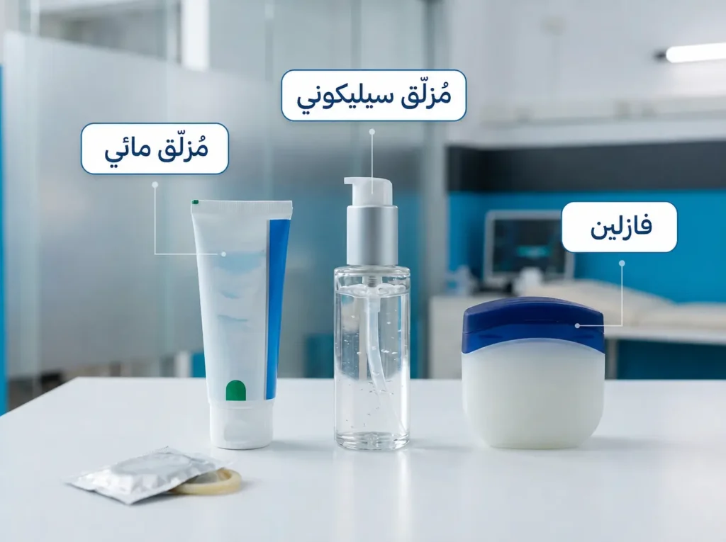 صورة واقعية تقارن بين المزلقات الطبية الآمنة والفازلين كخيار غير مناسب أثناء العلاقة
