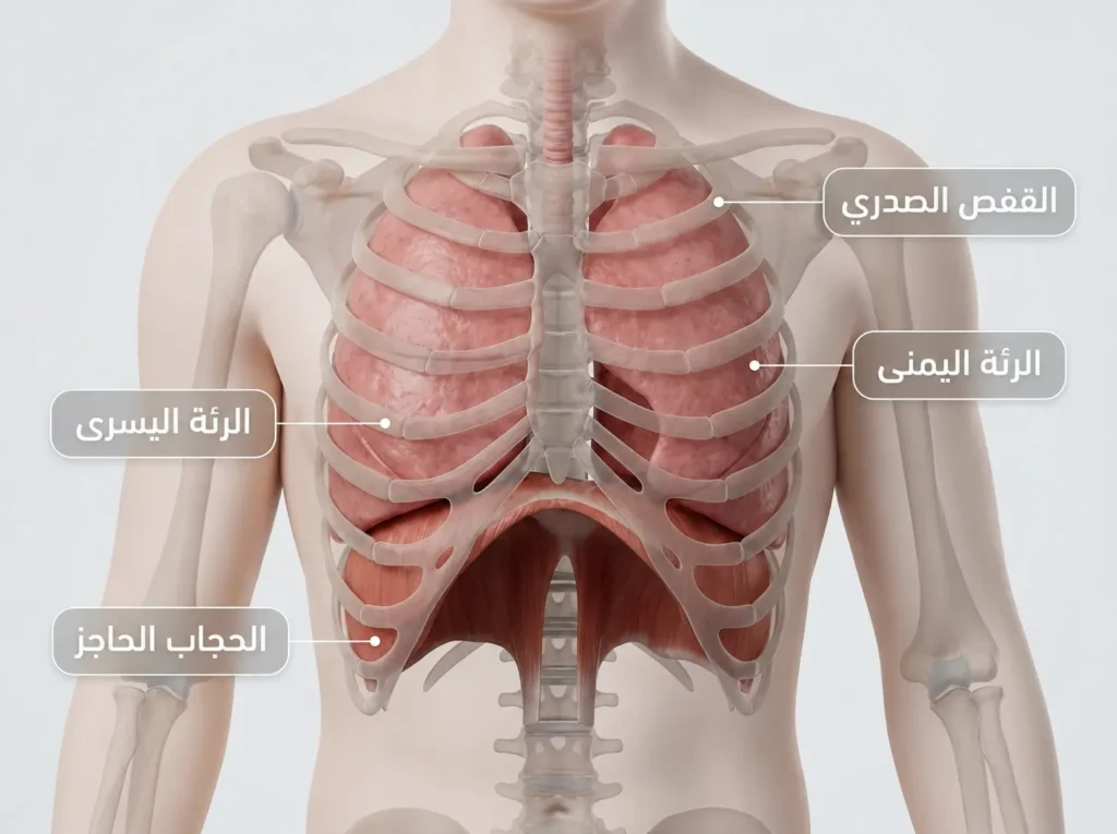 رسم طبي ثلاثي الأبعاد يوضح موضع الرئتين داخل القفص الصدري وعلاقتهما بالحجاب الحاجز.