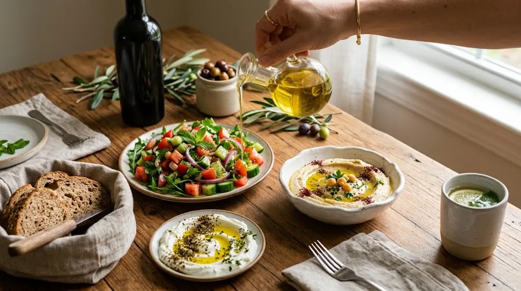 مائدة إفطار متوسطية صحية تتضمن حمص ولبنة وسلطة مروّية بزيت الزيتون البكر الممتاز مع خبز القمح الكامل