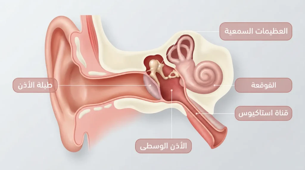رسم توضيحي تشريحي واقعي للأذن يُظهر طبلة الأذن والعظيمات السمعية وقناة استاكيوس والأذن الوسطى والقوقعة
