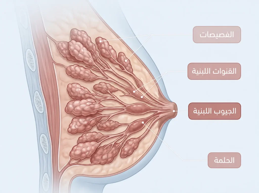 رسم طبي واقعي يوضح شبكة قنوات الحليب من الفصيصات إلى الحلمة داخل الثدي.