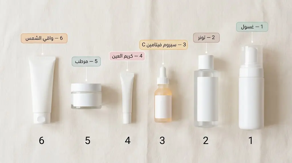 ست منتجات للعناية بالبشرة مرتبة بالتسلسل الصحيح من اليمين إلى اليسار لروتين الصباح
