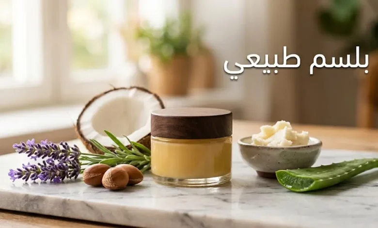 برطمان زجاجي أنيق يحتوي على بلسم طبيعي ذهبي محاط بمكس أرغان وجوز هند ولافندر وزبدة شيا وألوفيرا على سطح رخامي بإضاءة طبيعية