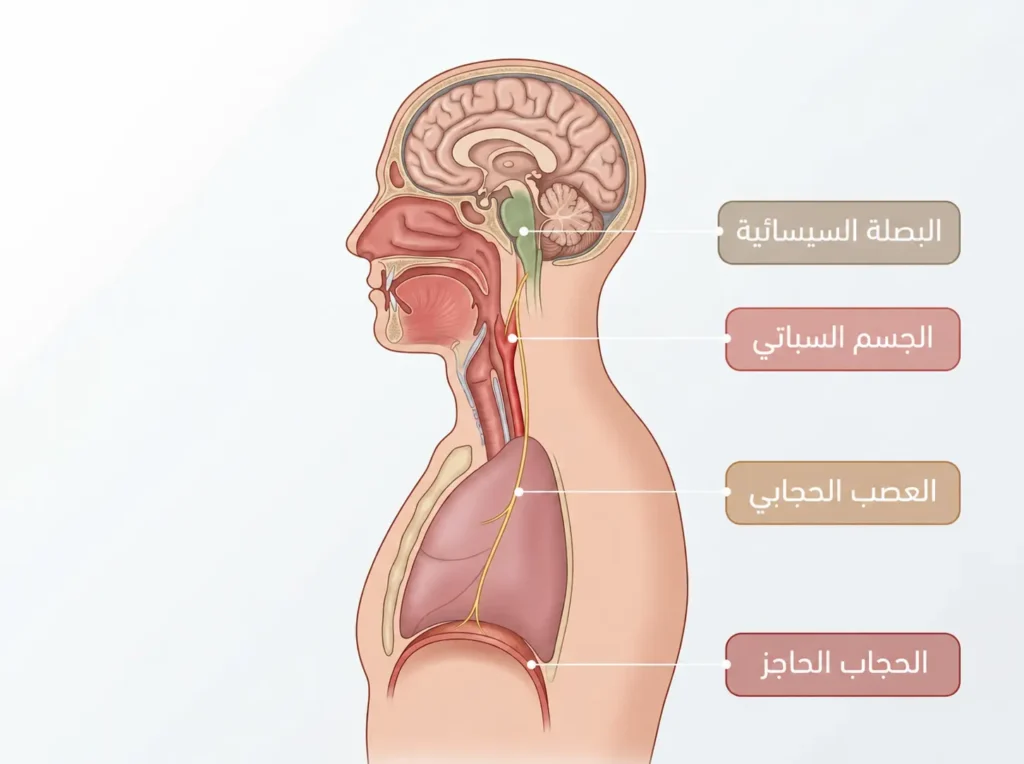 رسم طبي يوضح البصلة السيسائية والجسم السباتي والعصب الحجابي والحجاب الحاجز ضمن التحكم العصبي في الشهيق.