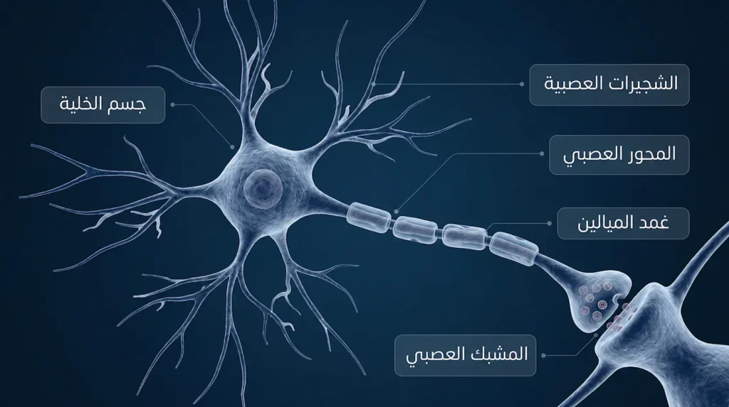 نموذج ثلاثي الأبعاد يوضح أجزاء الخلية العصبية والمشبك العصبي بين عصبونين