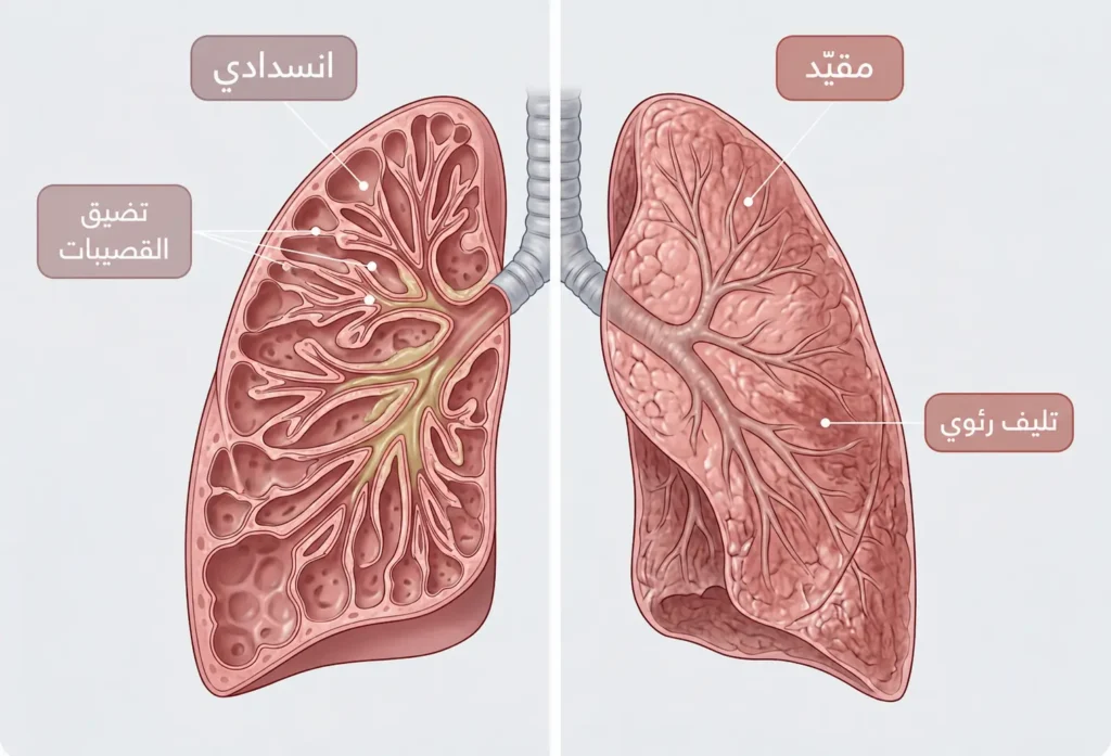 صورة مقارنة طبية تشرح الفرق بين المرض الرئوي الانسدادي والمرض الرئوي المقيّد.