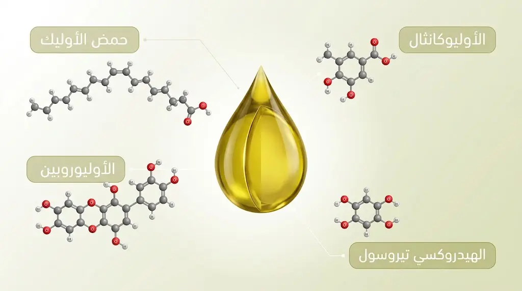 رسم توضيحي طبي واقعي يوضح التركيب الكيميائي لزيت الزيتون البكر الممتاز مع البنى الجزيئية لحمض الأوليك والأوليوكانثال والأوليوروبين والهيدروكسي تيروسول