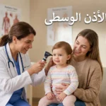 طبيبة أطفال تفحص أذن طفل صغير بمنظار الأذن في عيادة نظيفة مع عنوان التهاب الأذن الوسطى