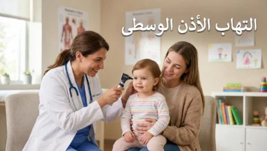 طبيبة أطفال تفحص أذن طفل صغير بمنظار الأذن في عيادة نظيفة مع عنوان التهاب الأذن الوسطى