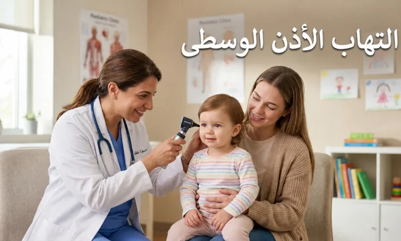 طبيبة أطفال تفحص أذن طفل صغير بمنظار الأذن في عيادة نظيفة مع عنوان التهاب الأذن الوسطى