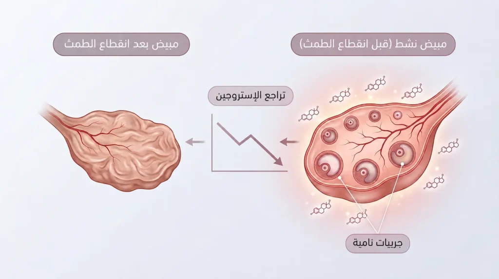 رسم طبي يقارن بين المبيض النشط قبل انقطاع الطمث والمبيض بعد انقطاع الطمث مع توضيح تراجع مستويات الإستروجين