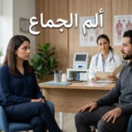 غلاف طبي واقعي لمقال عن ألم الجماع يظهر زوجين في سياق استشارة طبية هادئة