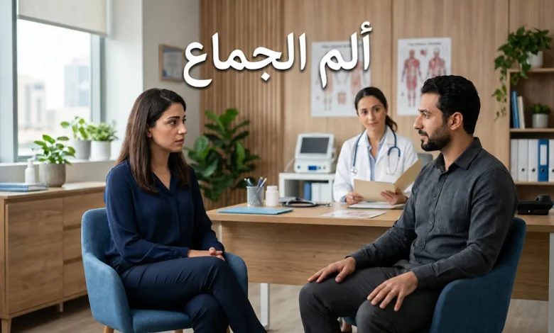 غلاف طبي واقعي لمقال عن ألم الجماع يظهر زوجين في سياق استشارة طبية هادئة