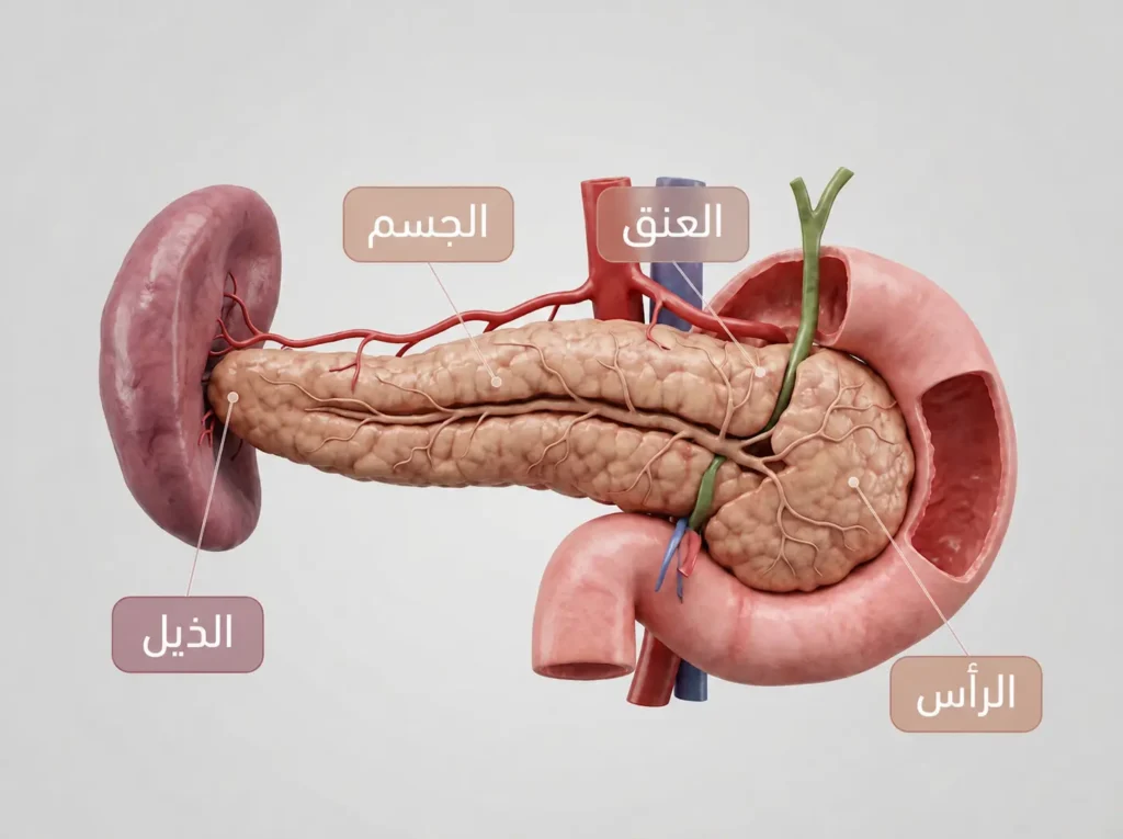 صورة تشريحية ثلاثية الأبعاد للبنكرياس مع تمييز الرأس والعنق والجسم والذيل.
