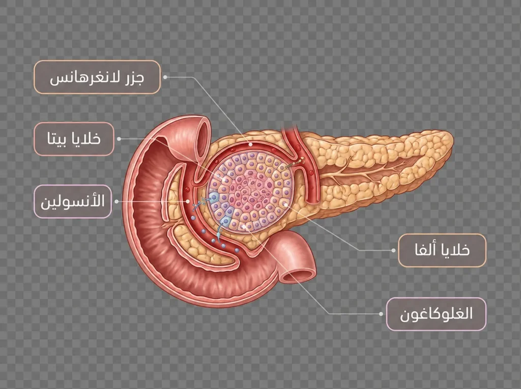 رسم طبي يوضح جزر لانغرهانس وخلايا بيتا وألفا ودور الأنسولين والغلوكاغون في تنظيم سكر الدم.