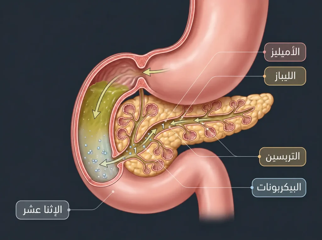 رسم طبي واقعي يوضح العصارة البنكرياسية وإنزيماتها الأساسية أثناء دخولها إلى الإثنا عشر.