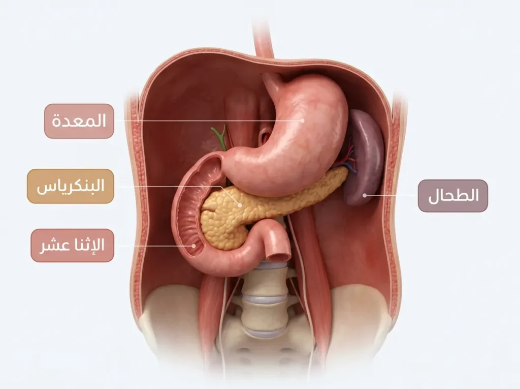 رسم طبي ثلاثي الأبعاد يوضح موضع البنكرياس خلف المعدة وبجوار الإثنا عشر والطحال داخل أعلى البطن.