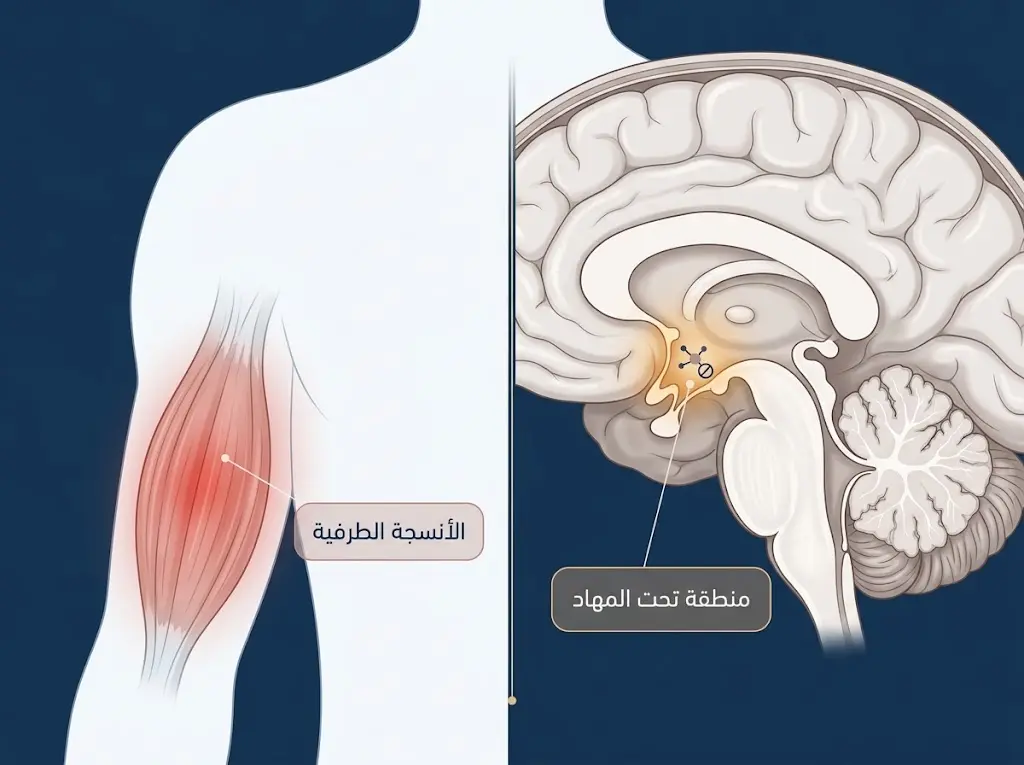 رسم طبي يوضح آلية عمل الباراسيتامول في الدماغ وتأثيره المحدود على الأنسجة الطرفية