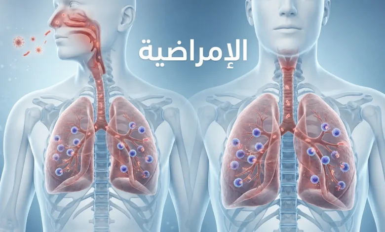 صورة غلاف طبية ثلاثية الأبعاد توضح الإمراضية داخل الجسم من دخول الممرض إلى بدء الاستجابة المناعية في الرئتين.