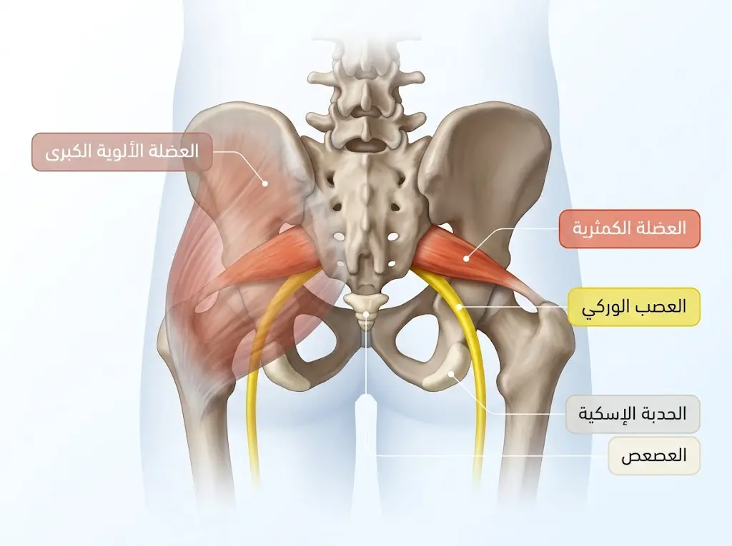 رسم تشريحي واقعي يُظهر منطقة الحوض من الخلف مع تسمية العضلة الألوية الكبرى والعضلة الكمثرية والعصب الوركي والحدبة الإسكية والعصعص
