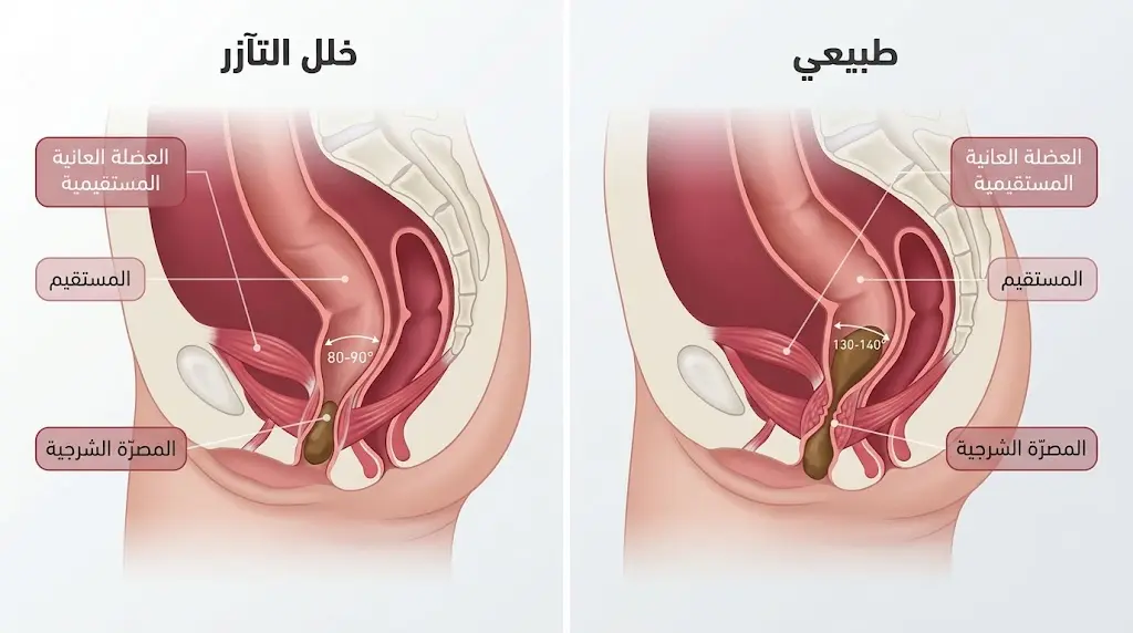 رسم طبي يقارن بين الوضع الطبيعي وخلل تآزر التغوط مع توضيح العضلة العانية المستقيمية والمصرّة الشرجية والمستقيم