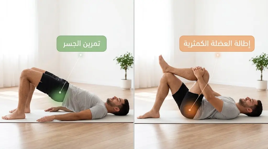 رجل يؤدي تمرين إطالة العضلة الكمثرية بوضعية الرقم أربعة وتمرين الجسر لتقوية عضلات الألوية على سجادة يوغا في غرفة مضيئة