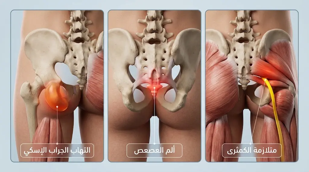 مقارنة تشريحية ثلاثية الأبعاد بين متلازمة الكمثرى وألم العصعص والتهاب الجراب الإسكي توضح مواقع الإصابة المختلفة في الحوض