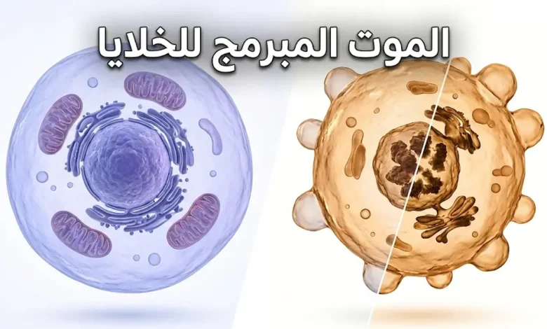 تصور ثلاثي الأبعاد لعملية الموت المبرمج للخلايا يظهر خلية سليمة وأخرى في مرحلة الاستماتة المبكرة بإضاءة طبية احترافية