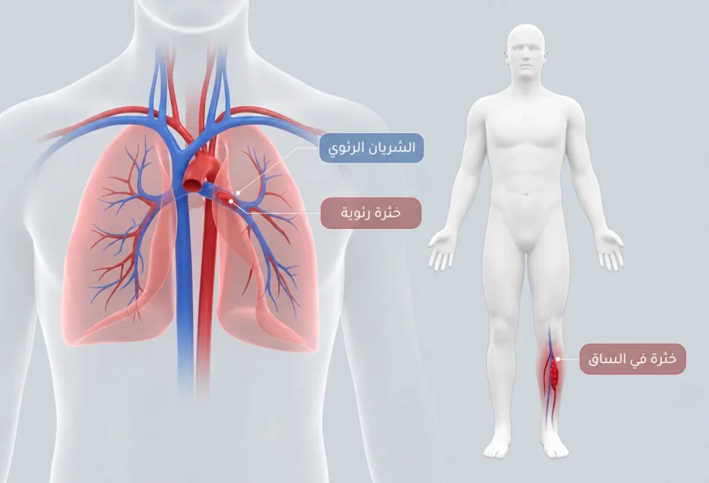 صورة طبية ثلاثية الأبعاد تشرح انتقال خثرة من أوردة الساق إلى الشريان الرئوي.