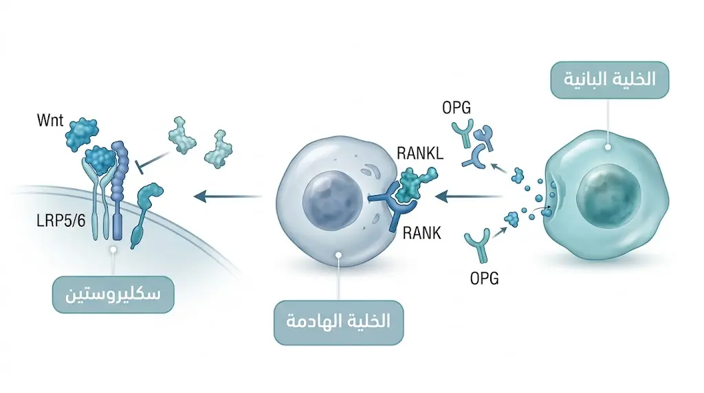 رسم طبي دقيق يوضح مسار RANK/RANKL/OPG ومسار Wnt في تنظيم عملية الهدم والبناء العظمي على المستوى الجزيئي
